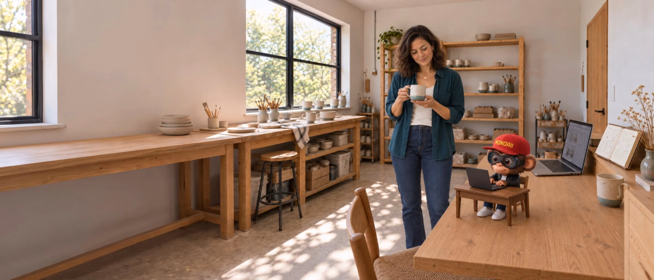 Illustrated scene: a ceramicist studies her mug and turns to Monoí, seated at his own small desk.