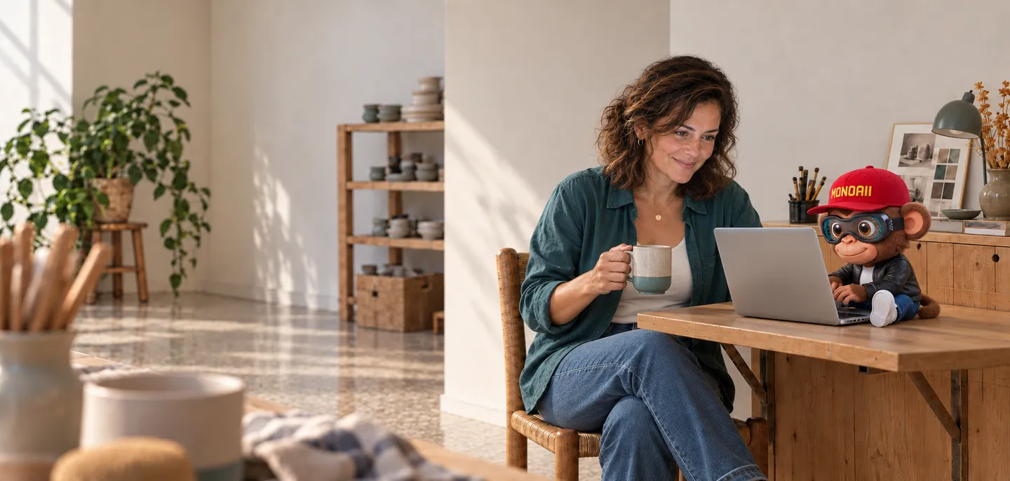 Illustrative scene: the same ceramicist sits at her original desk in daylight, relaxed, holding her cream and teal mug while small Monoí works on the single laptop beside her.