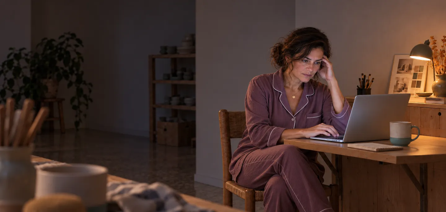 Illustrative scene: a tired ceramicist in mauve pajamas works late at her laptop, head resting on her hand, in a dim workshop lit by a desk lamp.