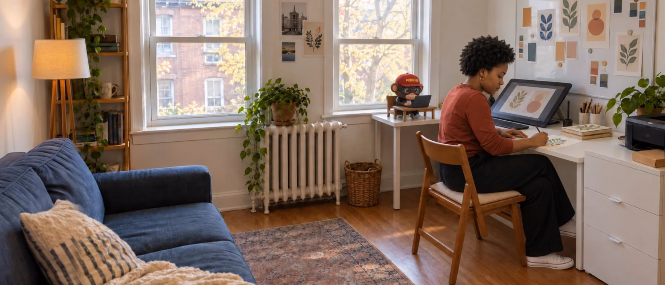 Illustrated scene: an illustrator draws a botanical design at her desk while small Monoí handles marketing beside her.