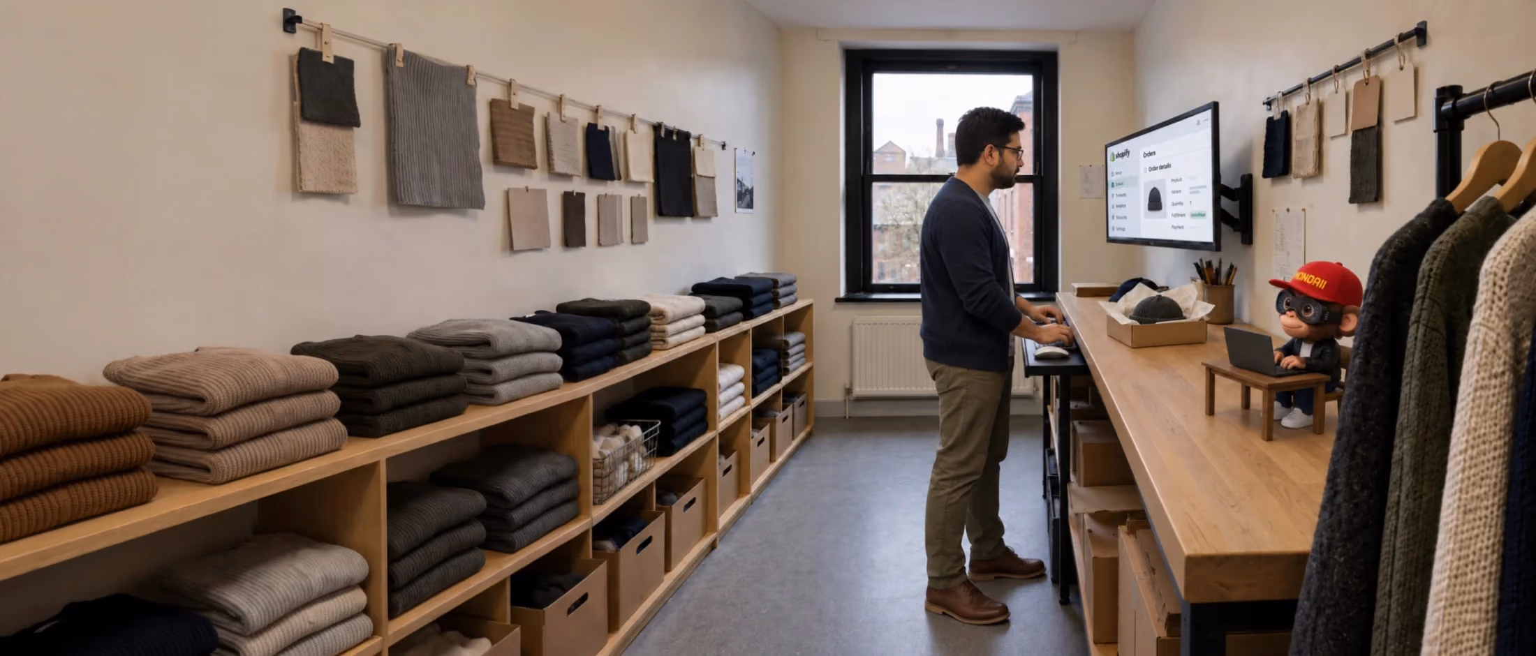 Illustrated scene: a knitwear merchant checks an order, exchanges a thumbs-up with Monoí and returns to work.