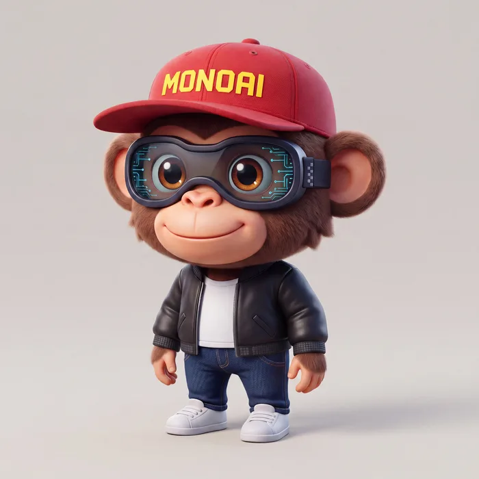 Monoí, the friendly monkey mascot of MonoAii, wearing a red cap