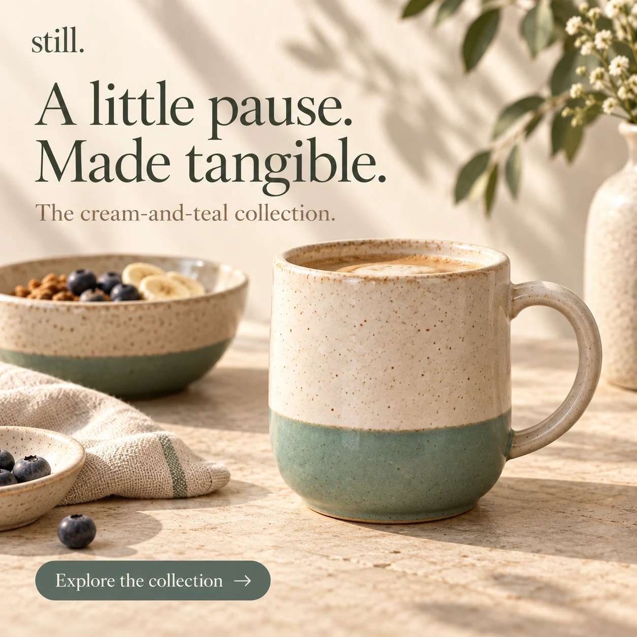 New proposed feed ad for the cream-and-teal ceramics collection, with new product photography and campaign copy