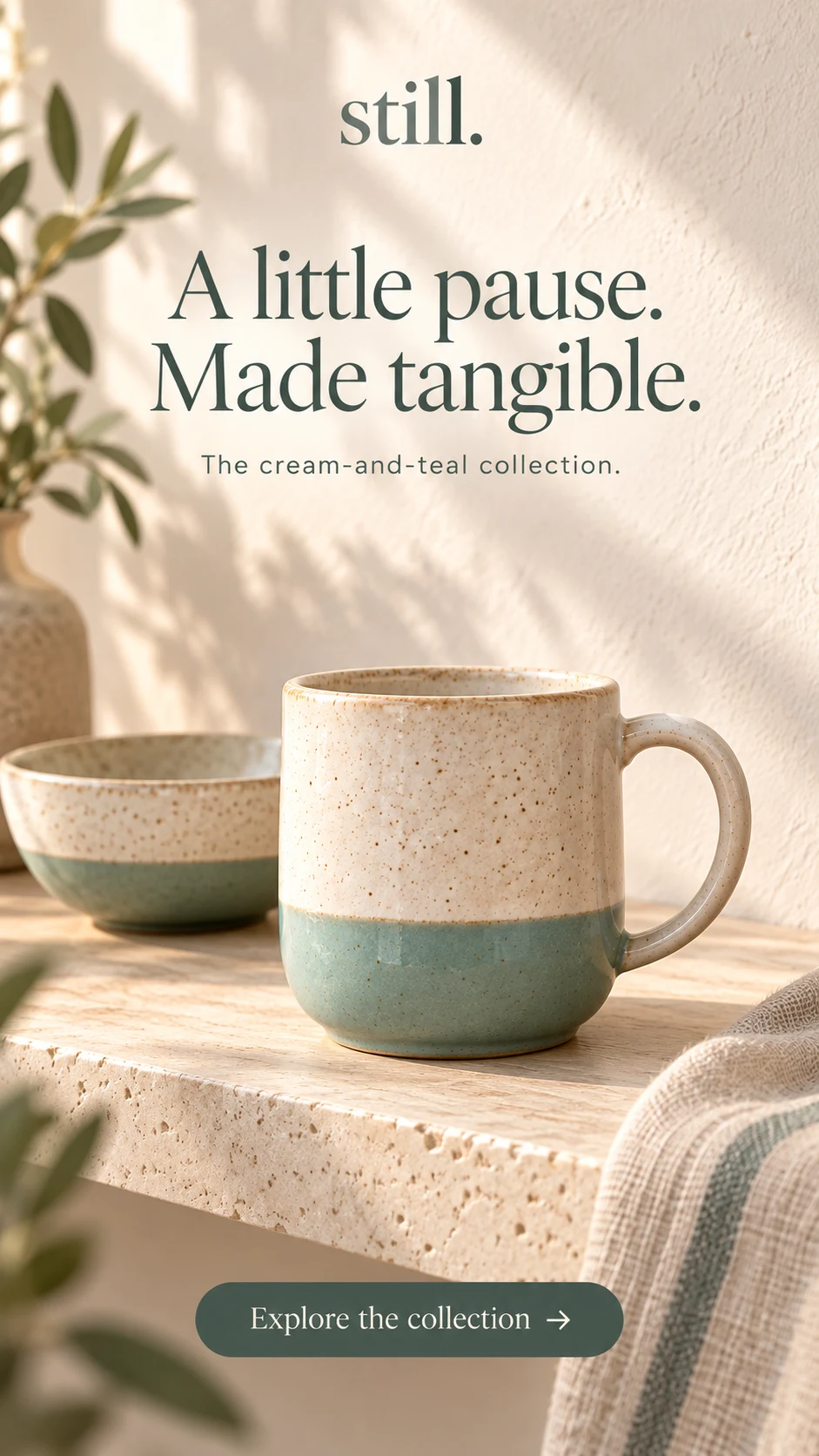 New proposed story ad for the same cream-and-teal ceramics collection