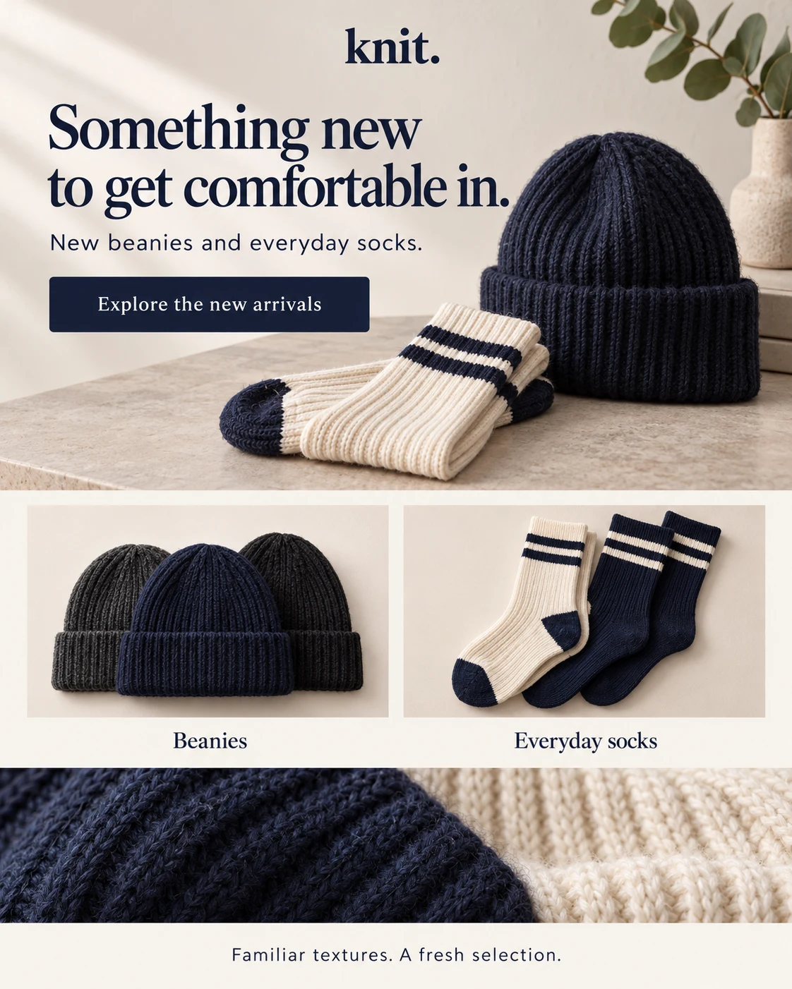 New email proposal announcing beanies and socks, with fresh product images and a new-arrivals call to action
