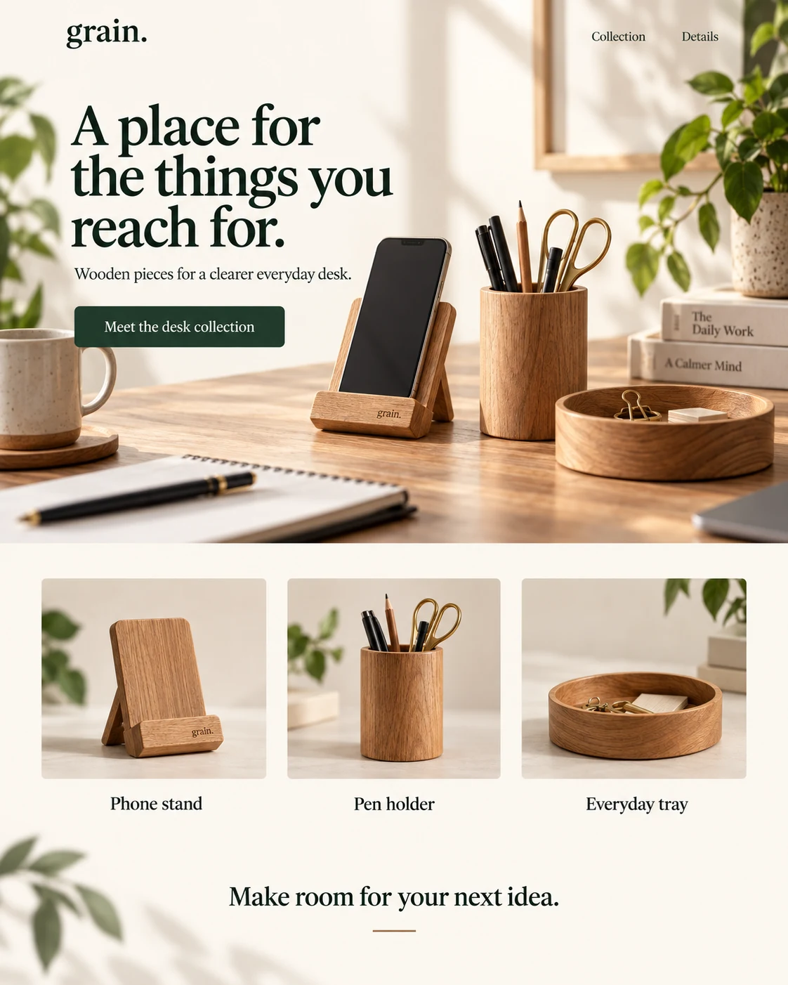 New landing page proposal for the wooden desk collection, showing the requested phone stand, pen holder and tray