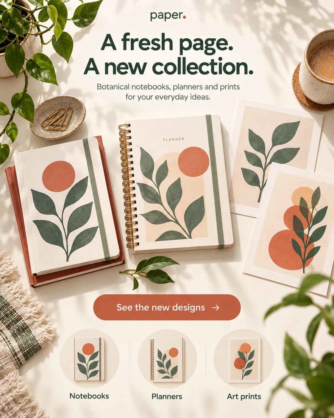 New email proposal for botanical notebooks, planners and art prints with new product imagery and a shop call to action