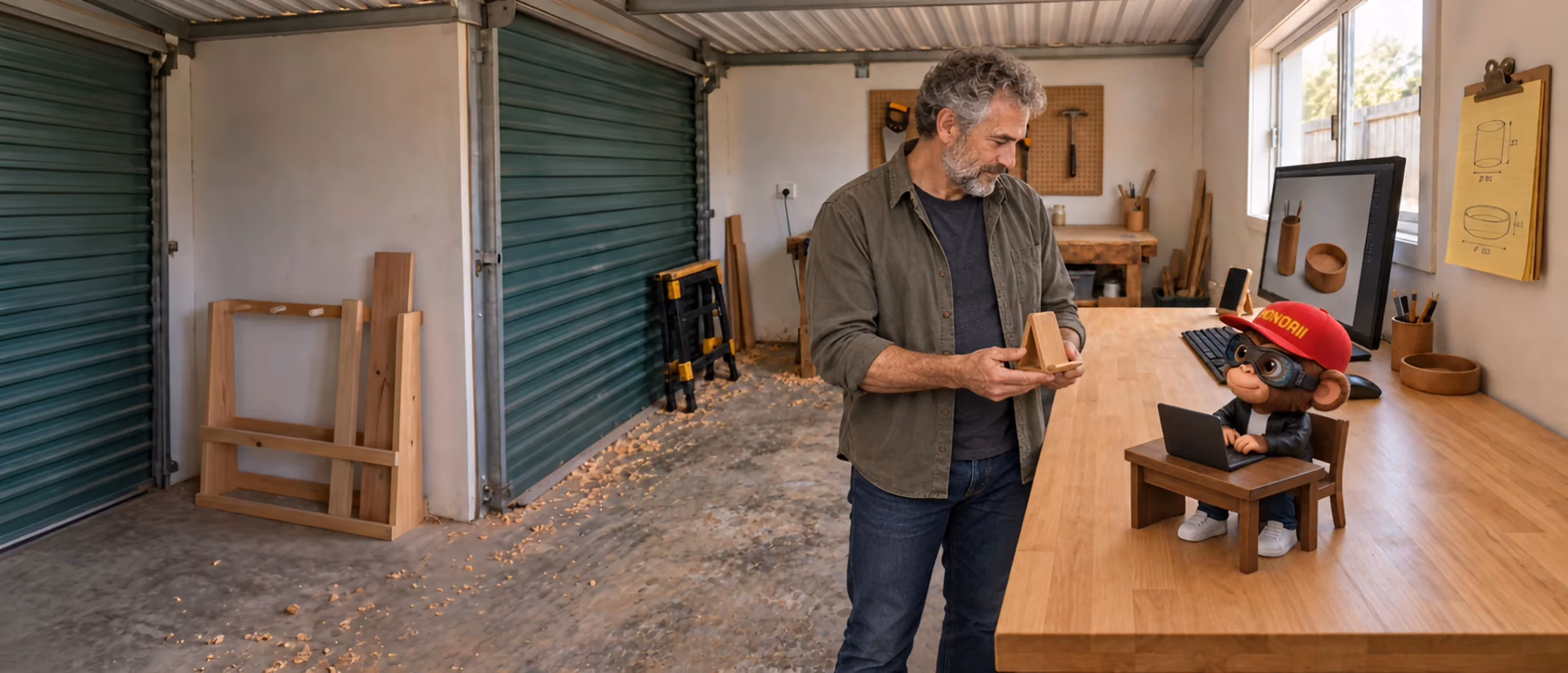 Illustrated scene: a woodworker shows a finished wooden stand to Monoí, who acknowledges it from his own desk.