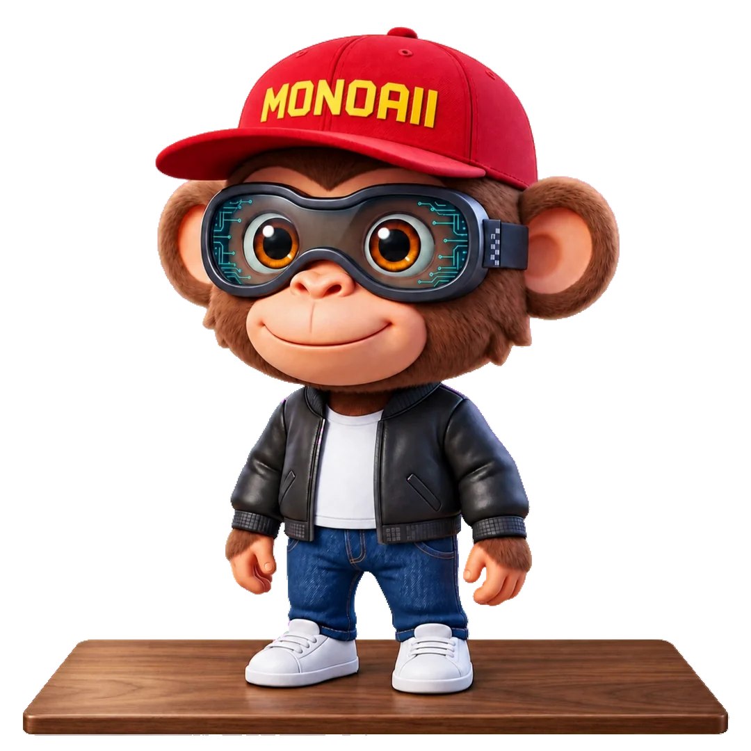 Monoí greets you, looks toward the tools and checks his phone, wearing his red cap and clear tech goggles.